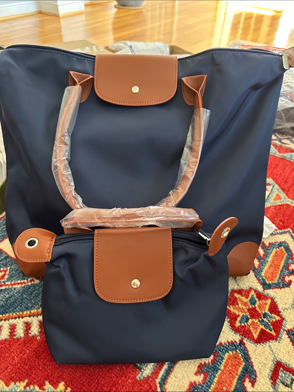 Navy and Tan Women's Tote with Matching Pouch - Classic Nylon Handbag